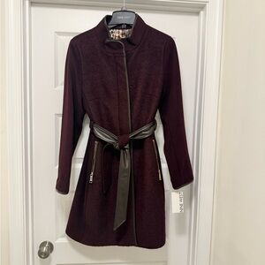 Nine West Women's Burgundy Wool Blend Coat with Belt - NEW